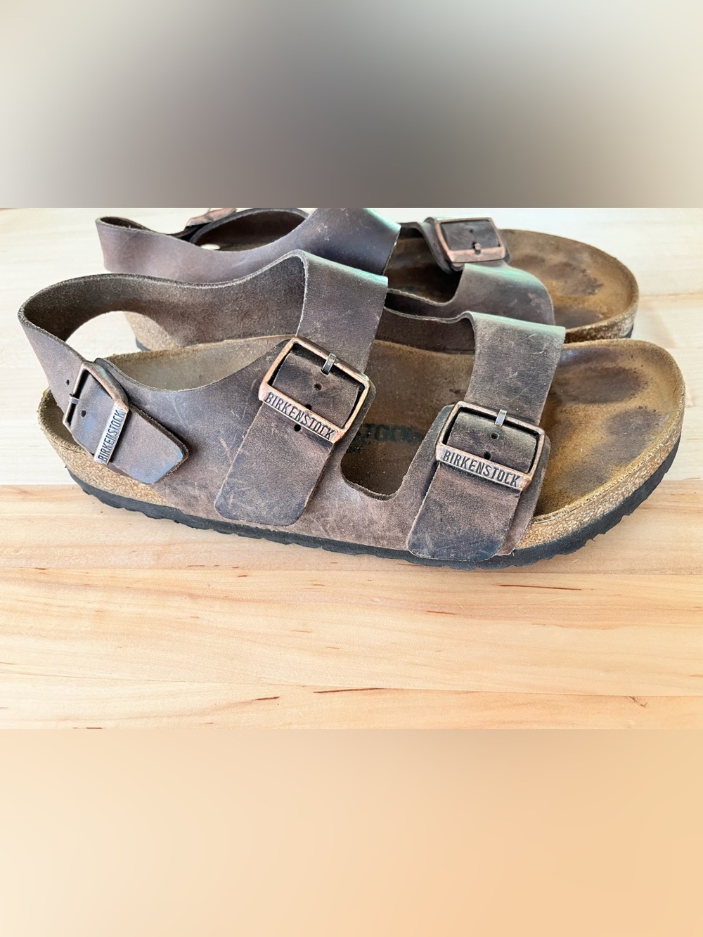 Birkenstock Milano Oiled Leather Two-Strap Brown Buckle Sandal, Sz 41 - Picture 6 of 13